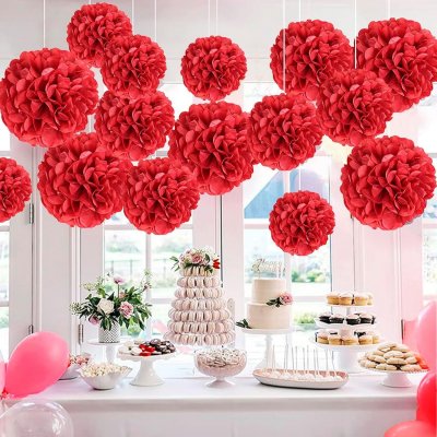 Dcoration de Table Mariage  - Pompon papier de soie rouge - 15 cm  : illustration