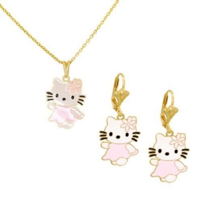 Bijoux Hello Kitty  - Parure bijoux plaqu or jaune mail rose Hello Kitty : illustration