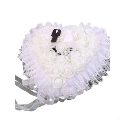 Coussin alliances Mariage  - Coussin alliance coeur en dentelle blanche et perles : illustration