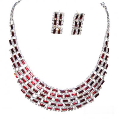 Parure de Soire Mariage  - Parure mariage bijoux ton argent strass clair et rouge  : illustration