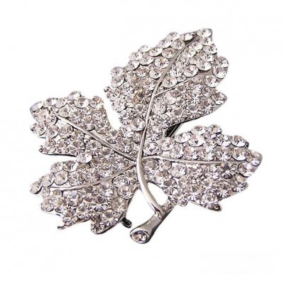 Bijoux de Mariage  - Broche feuille bijou femme ton argent cristal clair  : illustration