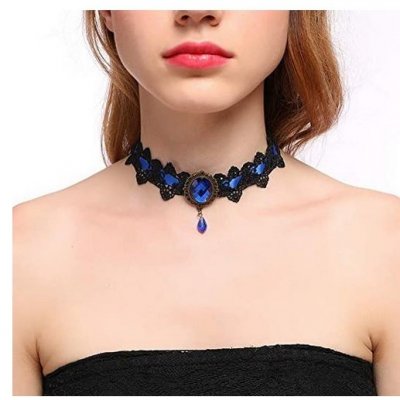 Bijoux de Mariage  - Choker gothique satin bleu et dentelle noir cristal ... : illustration