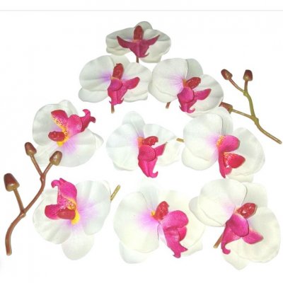 Mariage thme exotique tropical  - Ttes d'orchide artificielle blanche et parme + 6 ... : illustration