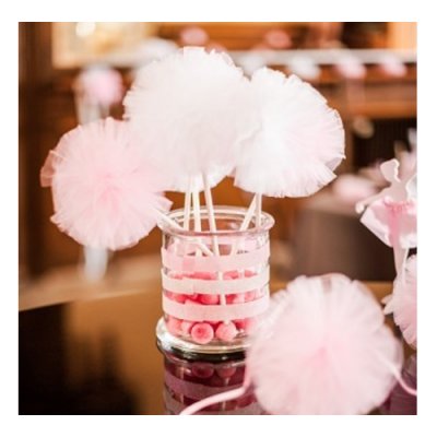 Pompons de mariage  - 2 pompons de tulle rose sur pic : illustration